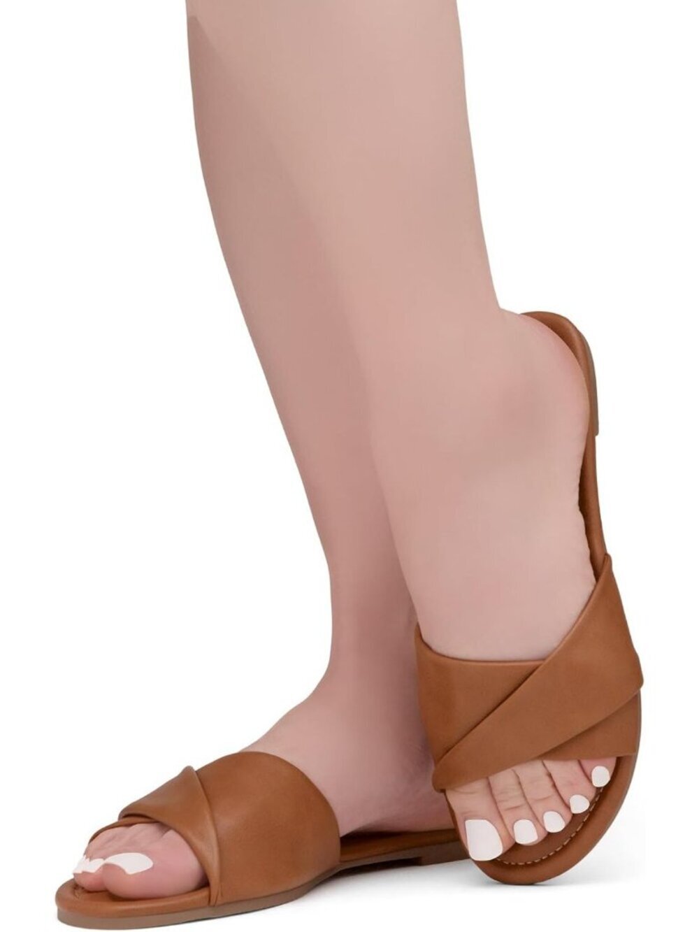 Women's Tan Flats Slip On Open Toe Casual Slides Cushioned Footbed Summer Shoes - Picture 2 of 7